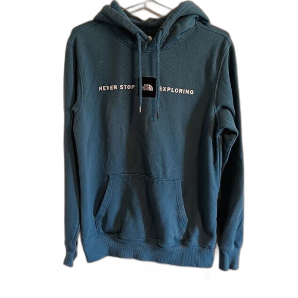 The North Face Never Stop Exploring Pullover Hoodie Men Small Teal Logo Pocket - Picture 1 of 6